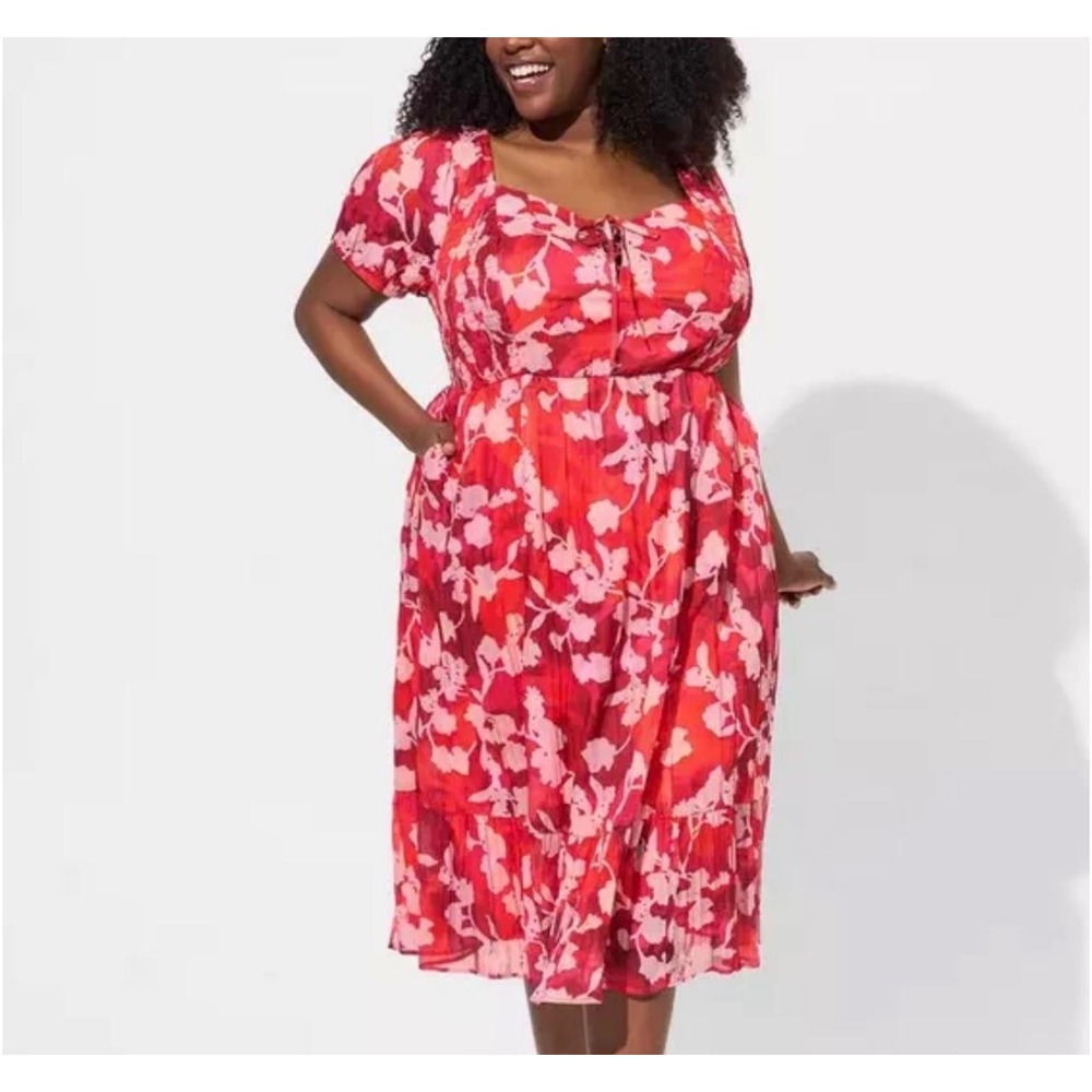 Torrid Red Pink Floral Lace‎ Up Smocked Midi Dress Plus Size 3 3X Pockets